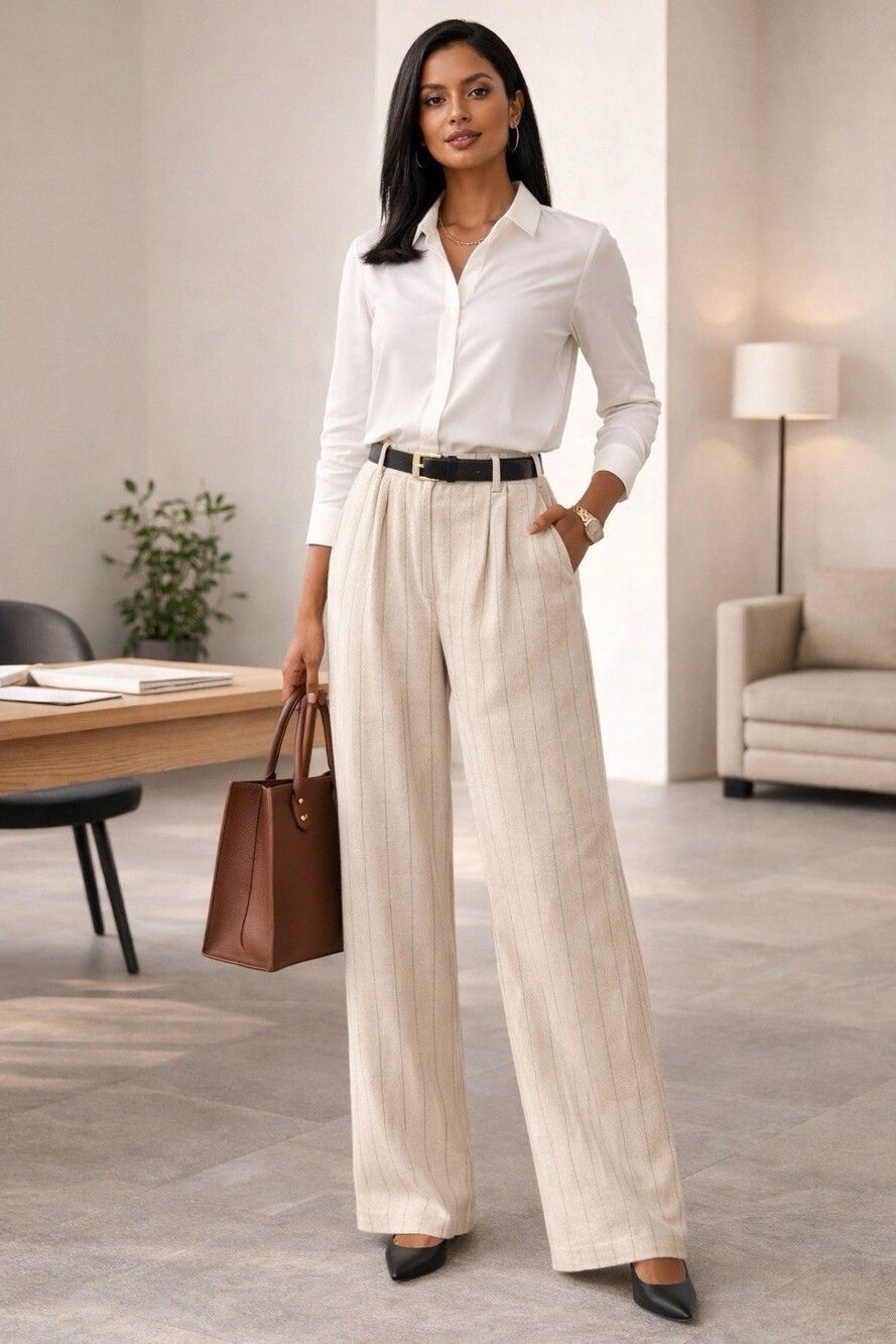 Belle Vere Linen Blend Pants Size 12 Beige-Black Pinstripe Wide Leg Pleated